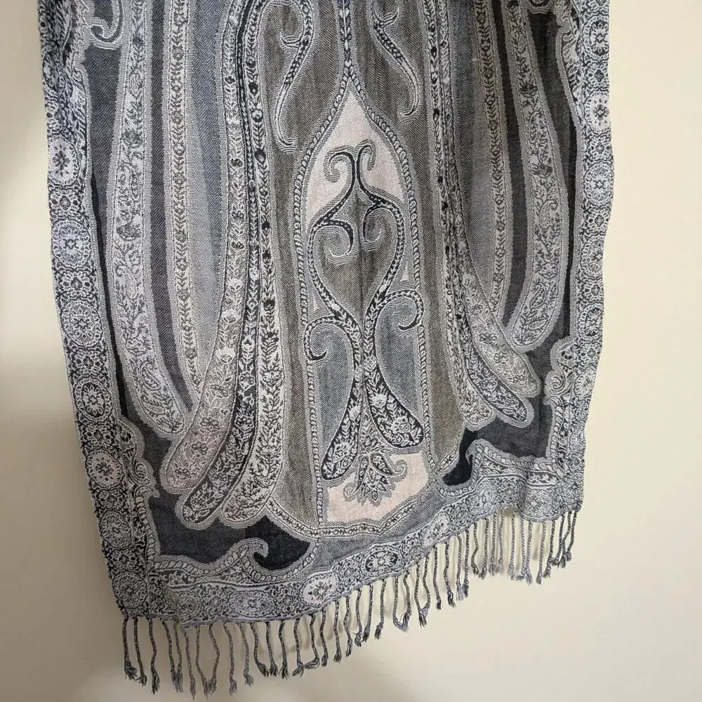 Boho Gray And Black Whimsygoth Paisley Print Pashmina With Fringe